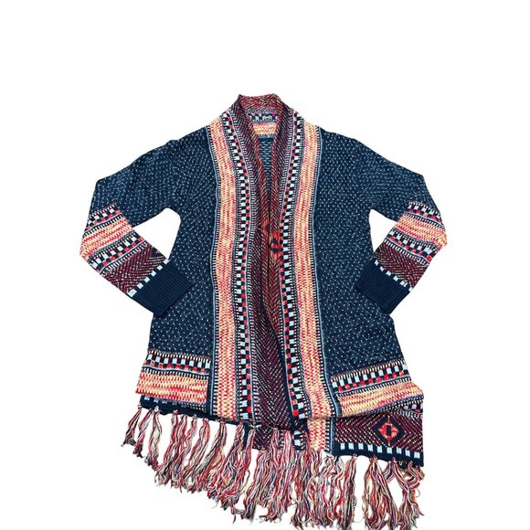 CCC Bohemian Aztec Tribal Print Knit Cardigan Fringe Multicolor Pattern Sweater - Picture 8 of 12